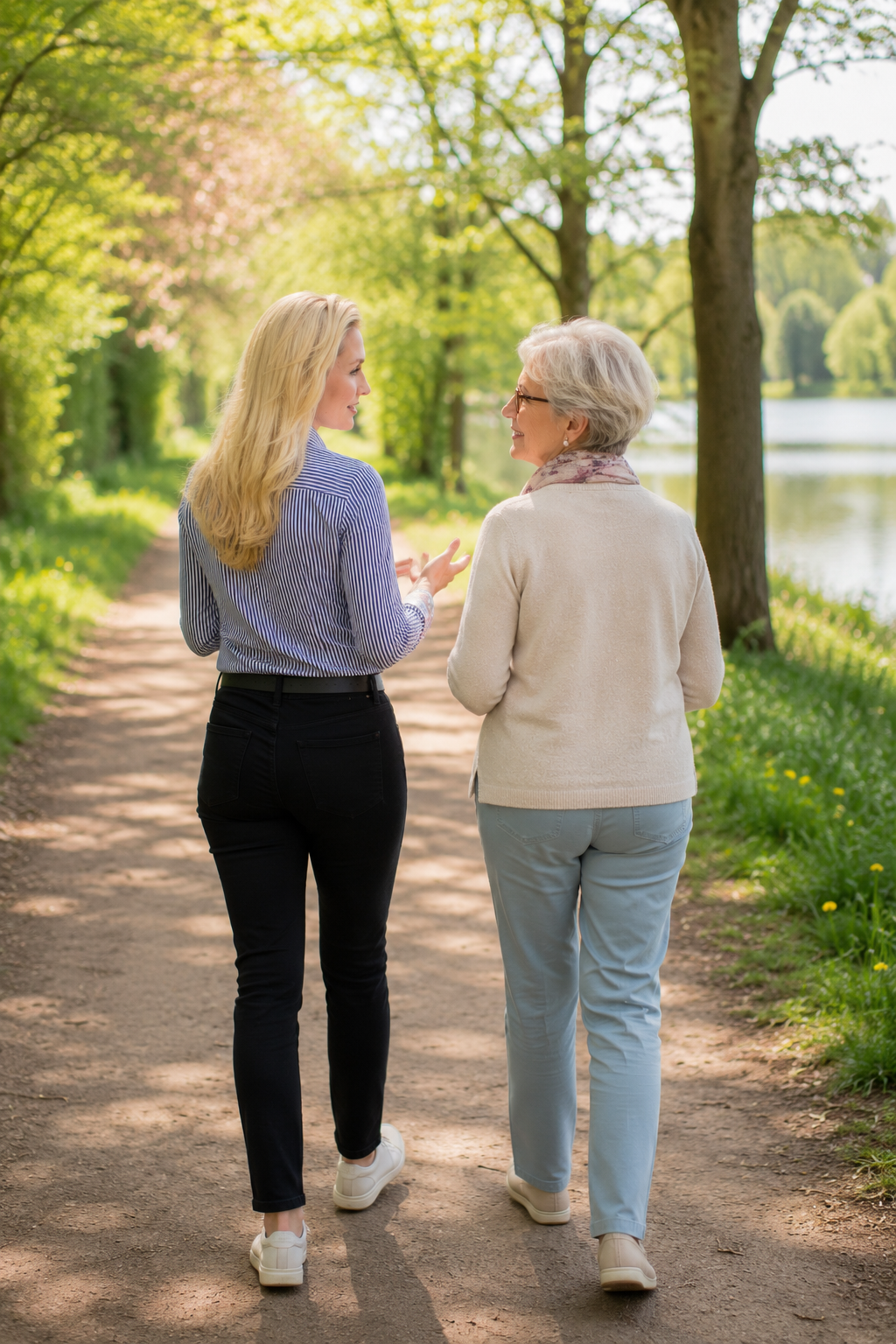 Anna Leinich begleitet eine Seniorin bei einem Spaziergang